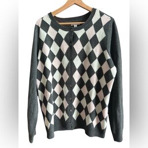 Croft & Barrow Argyle Cardigan Button Front Sweater Gray Pink White Preppy XL